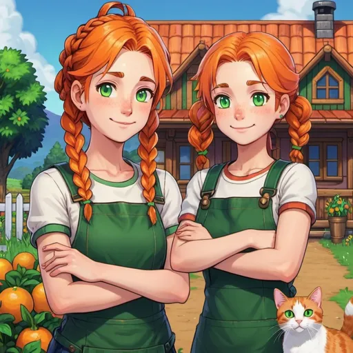 Prompt: Stardew Valley Farm House, crop Garden, girl with orange Hair and Green eyes and braided pigtails, two Cats one with tricolor and the other is orange 