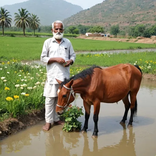 Prompt: A kriya hobby he worked in the field hard work he has horses with him cows goats he has flowers and he works very nicely in the fields and water his wife lives with him