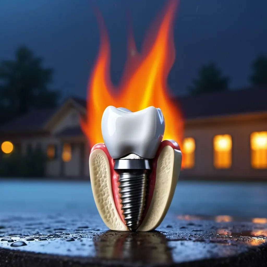 Prompt: dental implant in fire background and rainy night