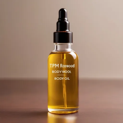 Prompt: Body oil bottle clearly written TPM ROSEWOOD BODY OIL