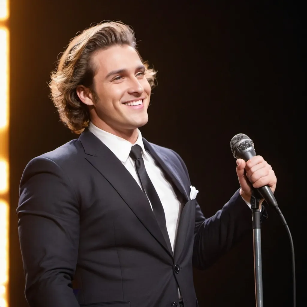 Prompt: a man standing confidently on stage, his curvy hair flowing slightly as he leans into a microphone. He has a smooth, clean-shaven face that highlights his expressive features, perhaps with a bright smile or an intense look of concentration. He's wearing stylish clothes that reflect his personality, and the stage lights create a warm glow around him, emphasizing the energy of his performance.