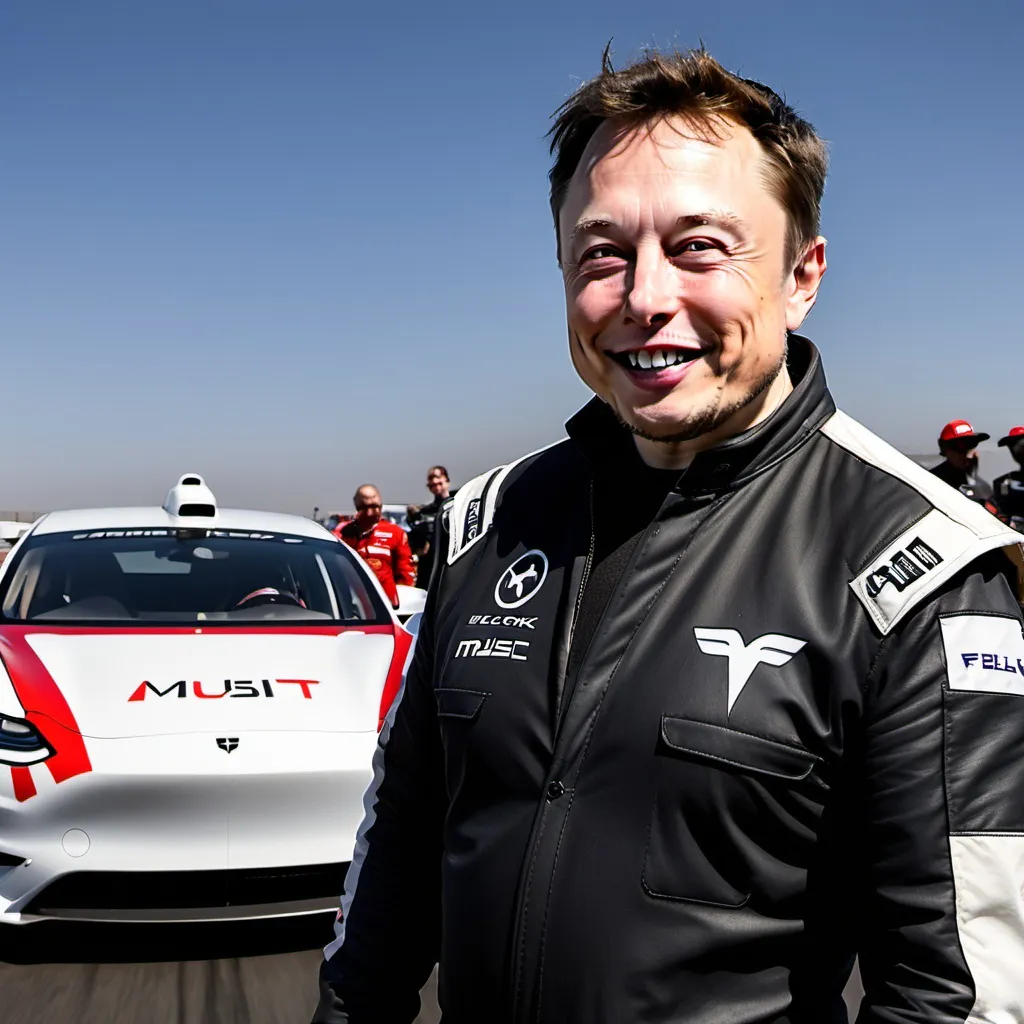 Prompt: elonmusk gülümsesin. araba yarışı başlasın damalı bayraklı
