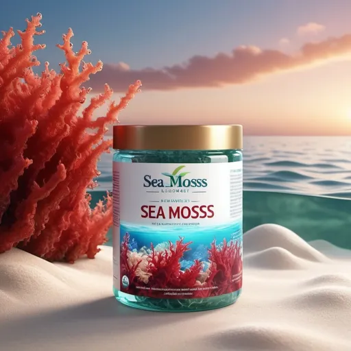 Prompt: Sea moss product advertisement with Red Sea backdrop, high quality, detailed 3D rendering, realistic, soothing color palette, serene lighting, sea moss product, ocean background, crystal clear water, 3D rendering, realistic, soothing colors, serene lighting, high quality