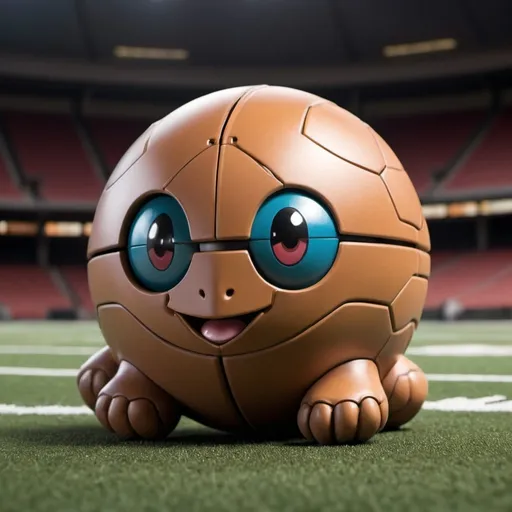 Prompt: "Create an illustration of Rookball, a Pokémon inspired by fantasy football. Rookball is a small, round, and energetic creature resembling a football. Its body is a light brown or tan, with a slightly textured surface to mimic a football.

Face: On the upper part of its body, it has a friendly, determined face with large, expressive eyes and a small, cheerful smile. The eyes should be circular with small pupils, and the expression should convey enthusiasm and energy.

Helmet: Rookball wears a sleek, basic football helmet that covers the top half of its face. The helmet should be a contrasting color, such as dark blue or red, and feature simple horizontal stripes or lines.

Limbs: It has short, stubby limbs that resemble small arms and legs, colored in a shade that contrasts with the main body color. These limbs are segmented to indicate movement.

Tail: Rookball has a tail that looks like the pointed end of a football, curved slightly with a small tuft at the end.

Accessories: Add a small emblem or logo on its chest, such as a star or football symbol, to highlight its rookie status.

Background: The background should be a simple, dynamic sports field or practice area to emphasize its connection to football and its energetic nature.

The overall design should be playful and vibrant, reflecting Rookball’s enthusiasm and passion for the game."