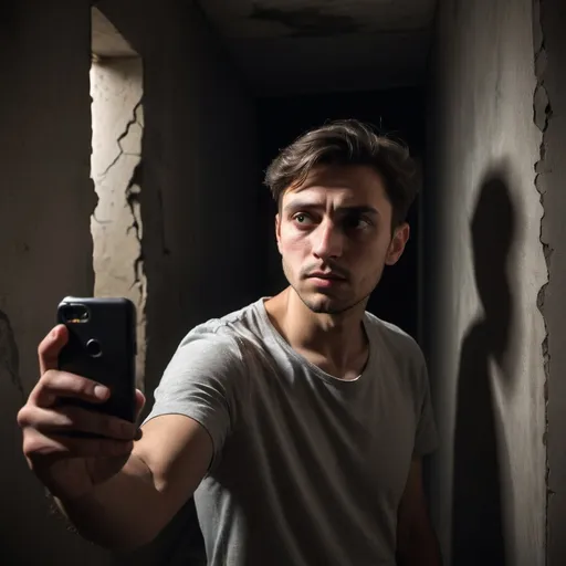 Prompt: (candid shot of a man taking selfies), eerie atmosphere, dim lighting, shadows creeping in, unsettling background, (haunting details like cracked walls or strange objects), feeling of unease, suspenseful vibe, (highly detailed and realistic), capturing emotions of curiosity and fear, cinematic contrast between light and dark.