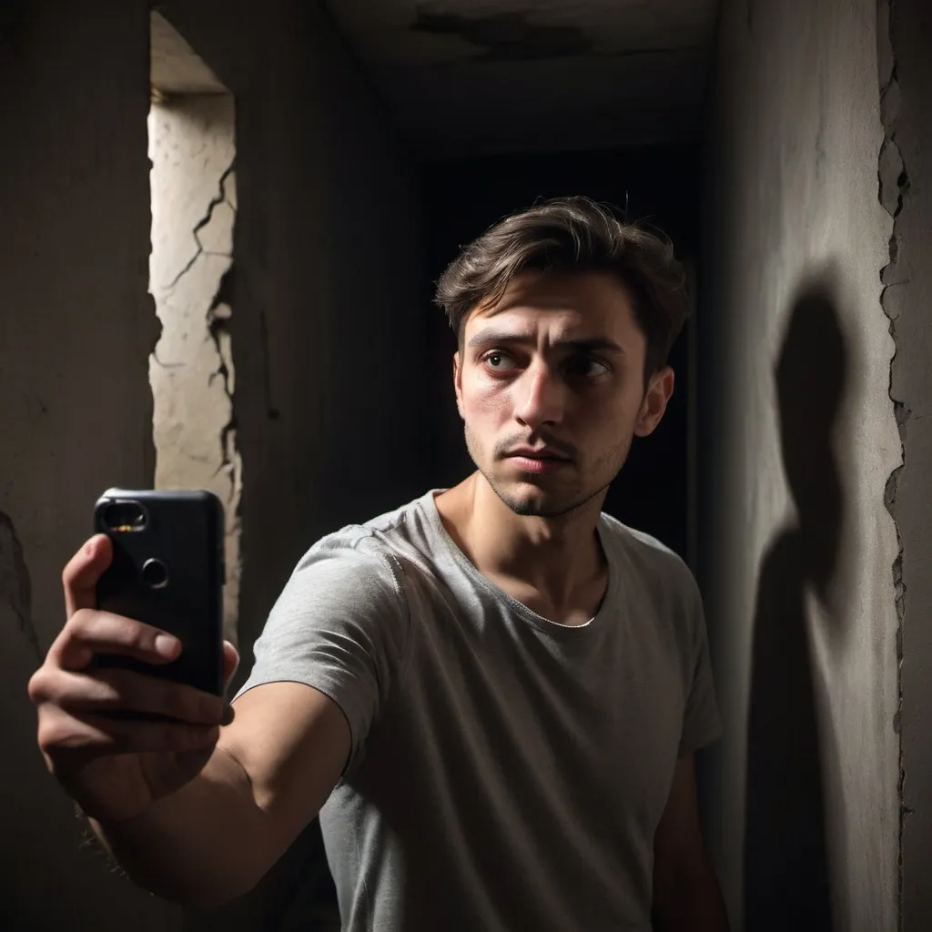 Prompt: (candid shot of a man taking selfies), eerie atmosphere, dim lighting, shadows creeping in, unsettling background, (haunting details like cracked walls or strange objects), feeling of unease, suspenseful vibe, (highly detailed and realistic), capturing emotions of curiosity and fear, cinematic contrast between light and dark.