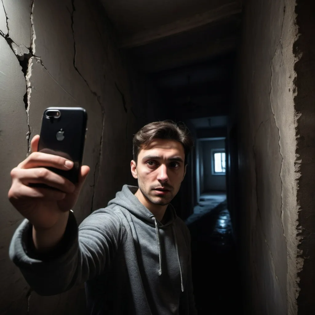 Prompt: (candid shot of a man taking selfies), eerie atmosphere, dim lighting, shadows creeping in, unsettling background, (haunting details like cracked walls or strange objects), feeling of unease, suspenseful vibe, (highly detailed and realistic), capturing emotions of curiosity and fear, cinematic contrast between light and dark.