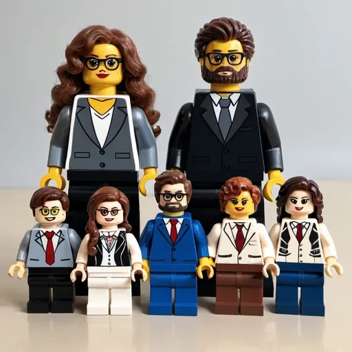 Prompt: In the photo, there are several Legos next to each other. One of the Legos must be a tall, handsome boy with glasses. One of the Legos must be a man with a beard and a muscular body.  One of the legos can be a woman wearing a suit. One of the legos can be a woman with curly hair.