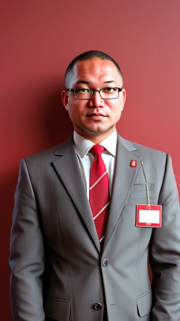 Prompt: a man in a suit and tie standing in front of a red wall with a name tag on it, YUSMA, a character portrait