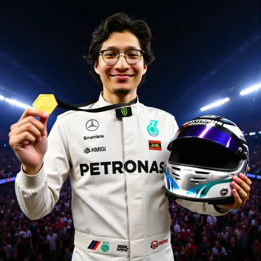 Prompt: (F1 uniform man), smiling, posing for the camera, holding a shiny F1 helmet, adorned with a gold hexagonal medal, standing on the podium, vibrant F1 stadium background, bright lights, electric atmosphere, cheering crowd, gold and silver medal shine, high quality, ultra-detailed, dynamic and exhilarating ambiance. tiny smile