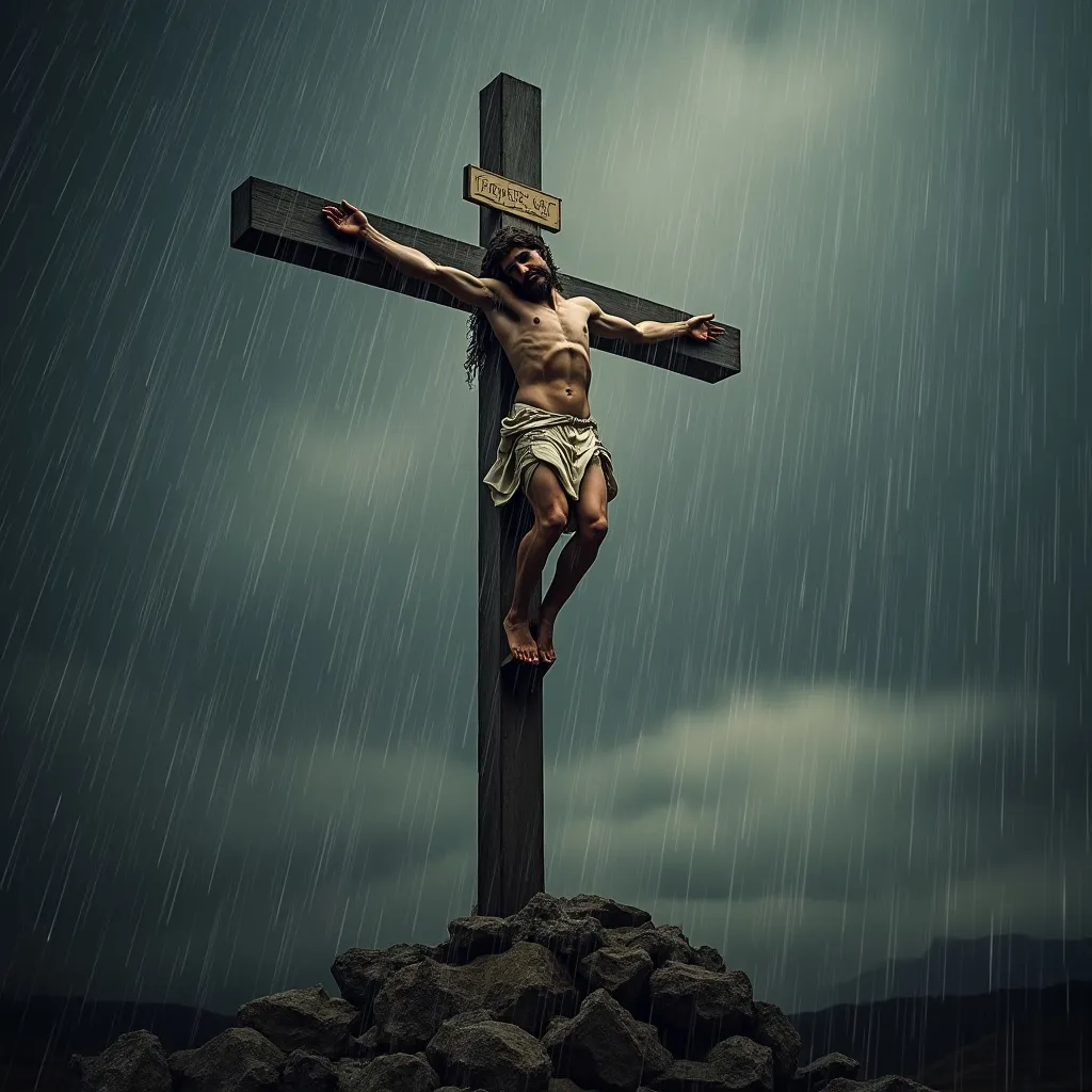 Prompt: Jesucristo en la cruz lloviendo