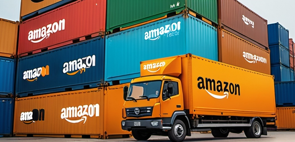 Prompt: "Create a Twitter cover image with dimensions 1500 x 500 pixels. The image should prominently feature the Amazon logo and elements that represent shipping to Iran. Incorporate visuals such as a map highlighting Iran, delivery trucks or shipping containers with the Amazon logo, and any relevant icons or symbols representing e-commerce and delivery services. Use a clean and professional design with colors that match Amazon's branding."