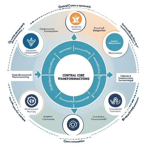 Prompt: Create 
visual framework that illustrates:
Central Core: Strategic Professional Evolution at the center, representing the transformation of nursing's identity
Four Key Domains surrounding the core:
Education & Leadership Development (top left)
Evidence-Based Impact Measurement (top right)
Collaborative Leadership & Partnerships (bottom left)
Ethical Integration (bottom right)
Design Features:
Bidirectional arrows showing interconnections
Concentric circles representing layers of influence
Key components within each domain
Professional color scheme using blues (representing trust and professionalism)
