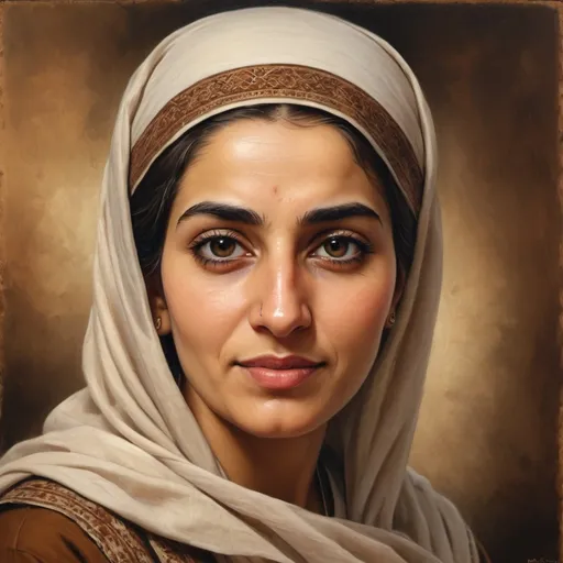 Prompt: Realistic depiction of Rafida, historical Muslim nurse, wartime medical aid, traditional clothing, compassionate gaze, aged and wise, vintage oil painting, detailed facial features, solemn atmosphere, warm earthy tones, authentic lighting, high quality, historical, traditional attire, compassionate expression, aged, vintage oil painting, solemn mood, realistic, warm tones, historical setting