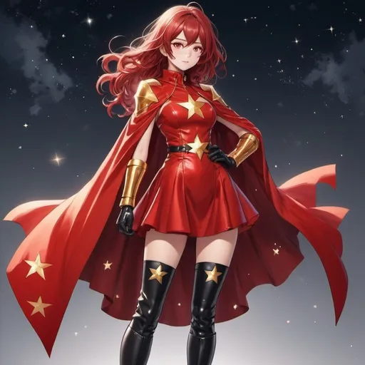 Prompt: Mujer con traje de super héroe rojo como vestido, cabello rojo y corto de largas patillas, con estrellas doradas, botas rojas y negras de cuero y una capa, con guantes blancos, estilo anime