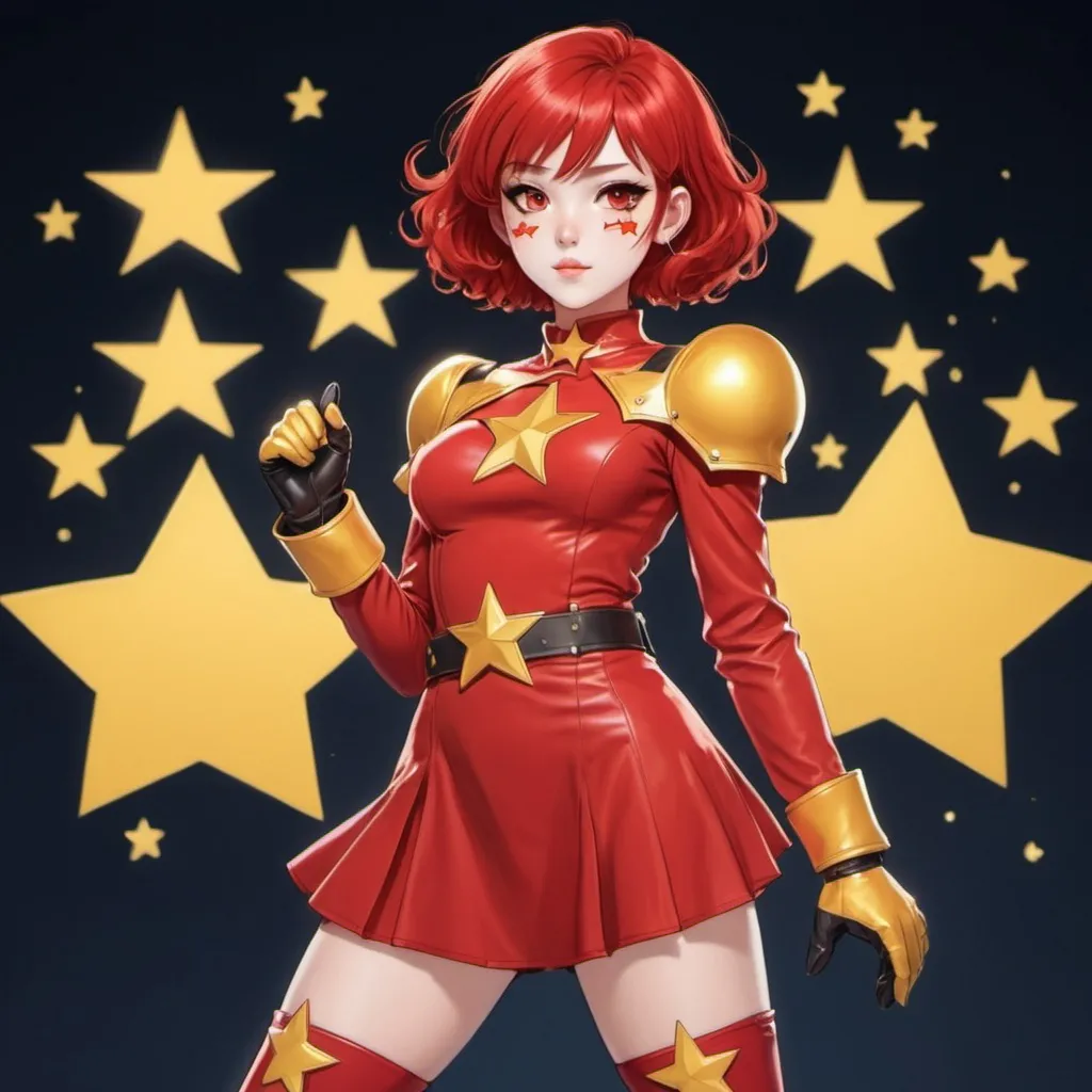 Prompt: A super hero girl with a short red dress with a shoulder pad and a red eyes with short red hair with long sideburns with a gold Star in middle of her chest with leather boots in yellow with red and gold stars with her hands on the waist and using make up at anime style with the sing: Keen Layer 