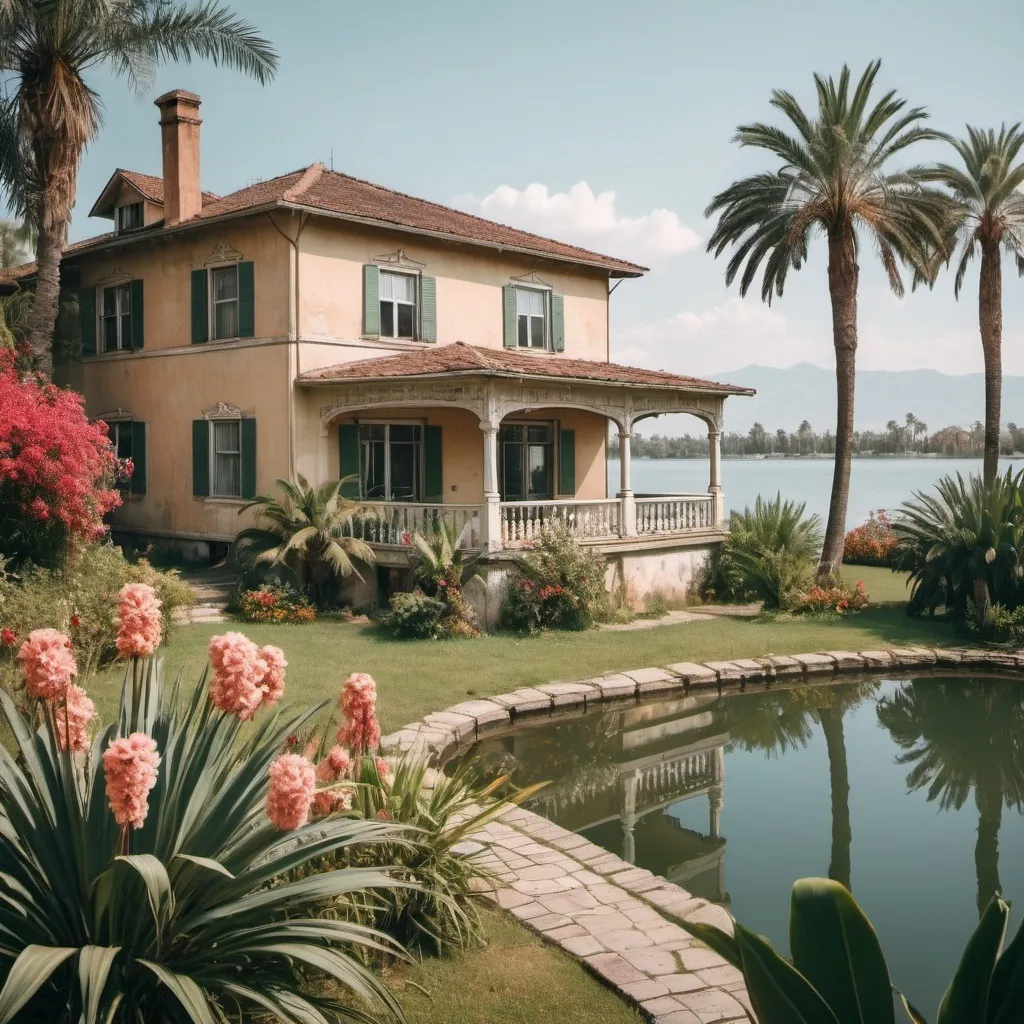 Prompt: An old vintage house with a big backyard with flowers and palms and a big lake with a extended view