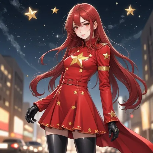 Prompt: Mujer con traje de super héroe rojo como vestido, cabello rojo y corto de largas patillas, con estrellas doradas, botas rojas y negras de cuero y una capa, con guantes blancos, estilo anime