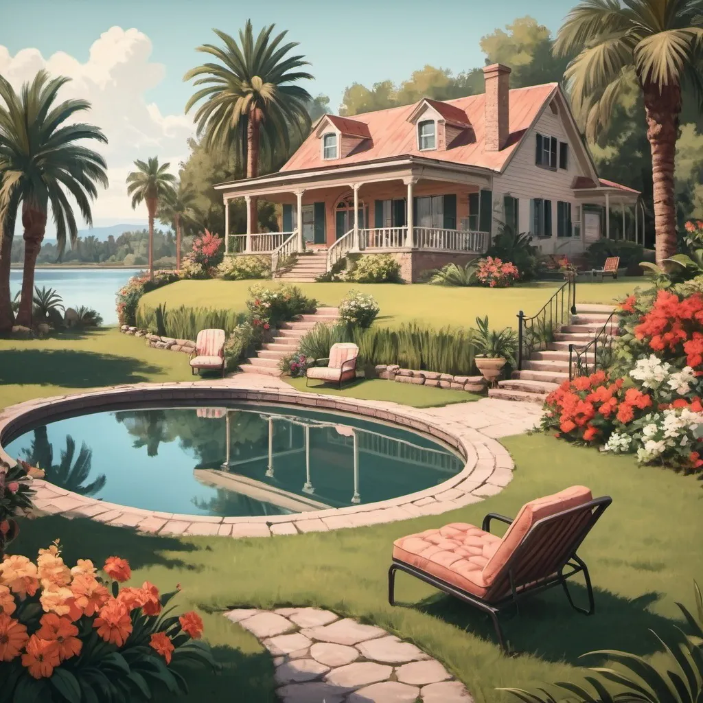 Prompt: An old vintage house with a big backyard with flowers and palms and a big lake with a extended view with a grill and pool chairs a trampolin and a bonfire and near by woods