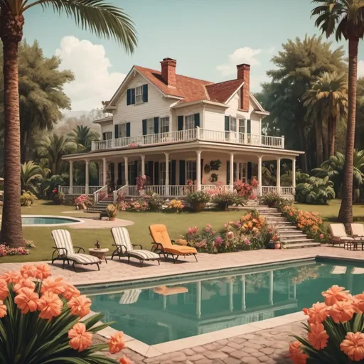 Prompt: An old vintage house with a big backyard with flowers and palms and a big lake with a extended view with a grill and pool chairs a trampolin and a bonfire and near by woods