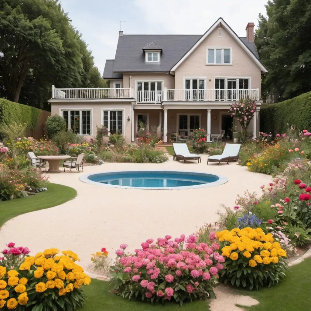 Prompt: House with a big back yard, with flowers and a sand pool 