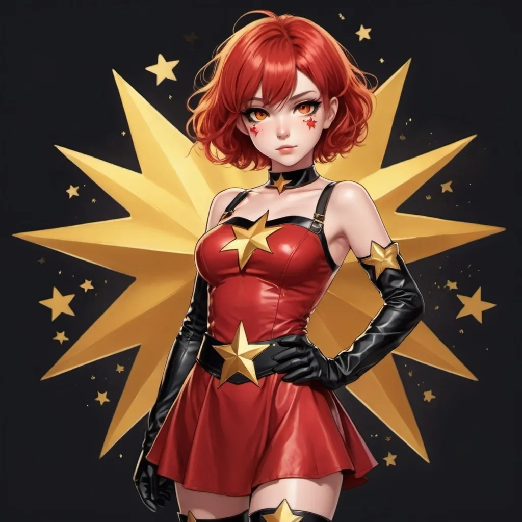 Prompt: A super hero girl with a short red dress with a red eyes with short red hair with a gold Star in middle of her chest with leather boots in yellow with red and gold stars with her hands on the waist and using make up at anime style 