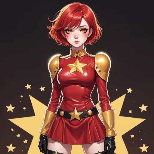 Prompt: A super hero girl with a short red dress with a shoulder pad and a red eyes with short red hair with long sideburns with a gold Star in middle of her chest with leather boots in yellow with red and gold stars with her hands on the waist and using make up at anime style 