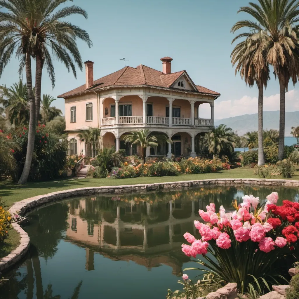 Prompt: An old vintage house with a big backyard with flowers and palms and a big lake with a extended view