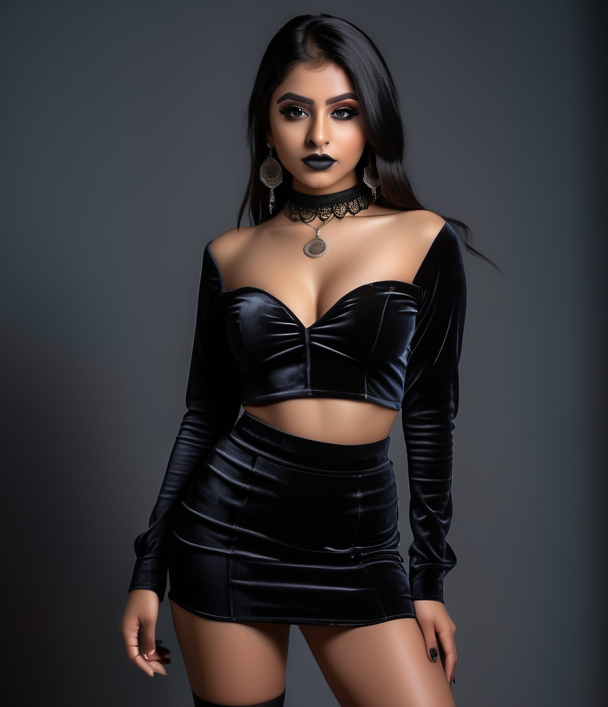 Prompt: photo of a young 15-year-old thiccc goth indian girl. looking at camera,  bent over, thiccc. wearing revealing tight velvet blouse, short pleated micro skirt, and a choker. on hands and knees. showing bum. gothic makeup.  very attractive. high detail realistic. thick thighs,  full body shot, professional photo. Studio lighting, backlit, realistic lighting. hdr uhd 8k ultra-realistic render,  very high detail skin, beautiful face, 