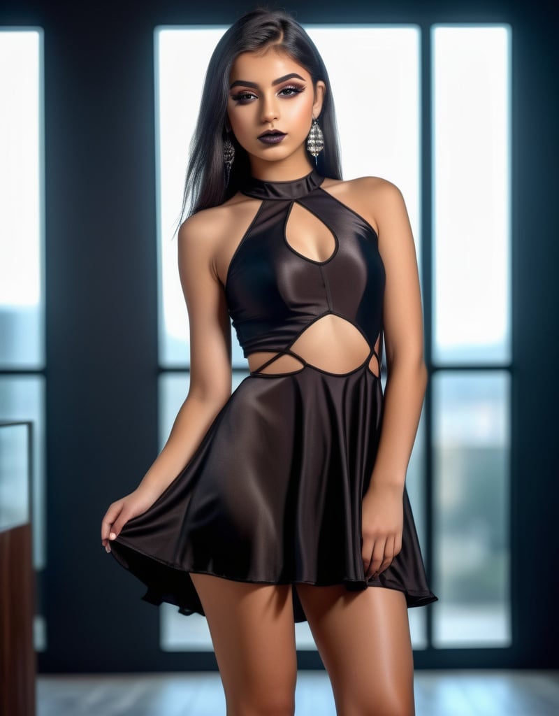 Prompt: photo of a young 15-year-old girl. middle eastern young girl. wearing extra short flaired mini dress with cut outs. made of translucent silk. very tight fitting dress. very attractive.goth makeup. high detail realistic.  fprofessional photo. Studio lighting, realistic lighting. hdr uhd 8k ultra-realistic render,  very high detail skin, beautiful face, 