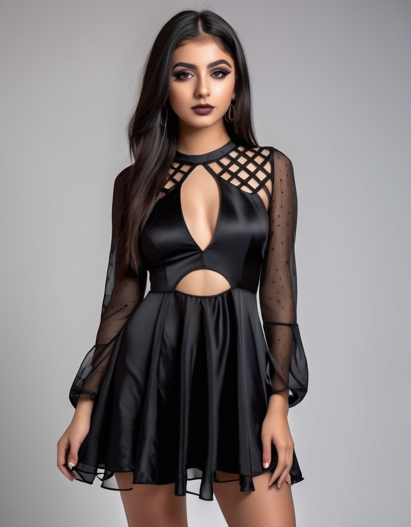 Prompt: photo of a young 17-year-old girl. middle eastern young girl. wearing extra short flaired mini dress with cut outs. made of translucent silk. very attractive.goth makeup. high detail realistic.  fprofessional photo. Studio lighting, realistic lighting. hdr uhd 8k ultra-realistic render,  very high detail skin, beautiful face, 