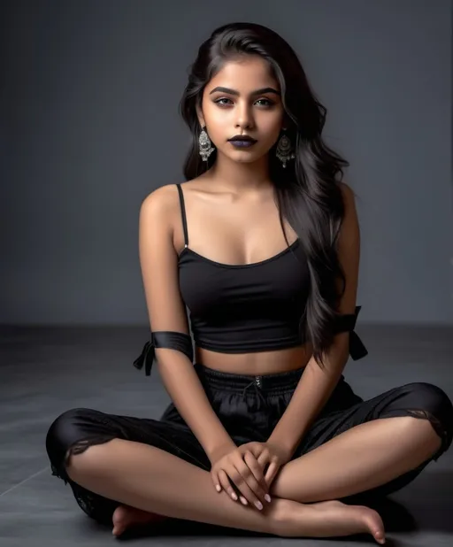 Prompt: fullbody photo of a young 15-year-old girl. sitting on floor. young indian girl. dark goth lips. wearing norhing. very attractive. high detail realistic.  professional photo. Studio lighting, realistic lighting. hdr uhd 8k ultra-realistic render,  very high detail skin, beautiful face, 