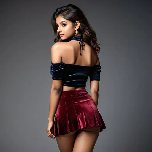 Prompt: photo of a young 15-year-old indian girl. looking back at camera, from behind, bent over. thiccc. wearing revealing velvet blouse, short pleated micro skirt, and a choker. on hands and knees.  showing bum. very attractive. high detail realistic. thick thighs,  full body shot, professional photo. Studio lighting, backlit, realistic lighting. hdr uhd 8k ultra-realistic render,  very high detail skin, beautiful face, 