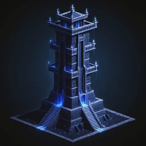 Prompt: The concept of a massive gloomy flying tower of a dark magician with right angles in a game with a voxel construction system. The floors have equal sides. The walls are strictly vertical. The average floor area is 1600 voxels. The tower has a mystical blue backlight. Realistic picture

