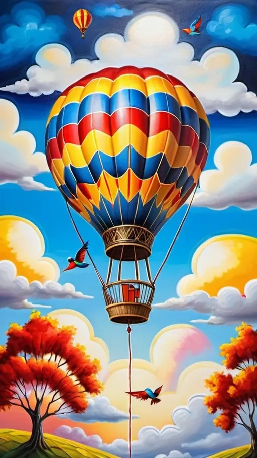 Prompt: Vibrant painting of a whimsical hot air balloon house, red and yellow balloon, floating in a blue sky with fluffy white clouds, glowing sun in the corner, birds flying through the clouds, acrylic painting, fantasy, surreal, vibrant colors, detailed clouds, whimsical style, professional, natural lighting