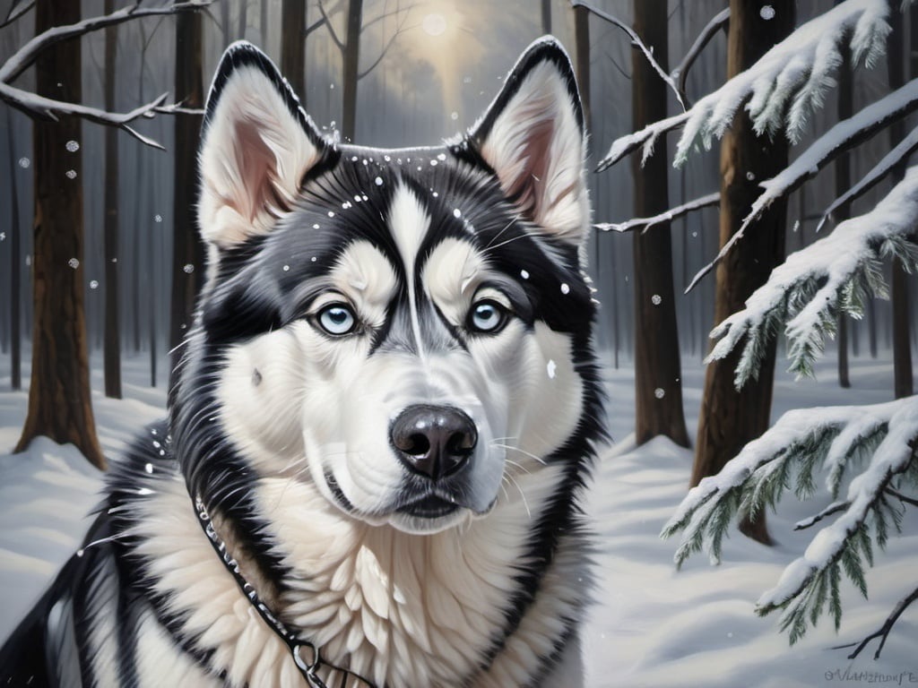 Prompt: Realistic oil painting of a Siberian Husky in a snowy Pennsylvania forest, black and white coat with a lightning bolt on the back of the neck, detailed fur with snowflakes, high quality, realistic, winter landscape, cool tones, natural lighting, detailed eyes, snowy forest, highres, detailed fur, naturalistic, cool tones, winter wonderland, atmospheric lighting