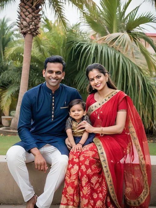 Prompt: In a vibrant outdoor setting, a cheerful family poses together with lush greenery and palm trees in the background, suggesting a sunny day in a warm climate. The man, wearing a traditional dark blue kurta and relaxed white pants, sits close to a woman draped in a beautifully patterned red saree adorned with golden motifs, exuding elegance and warmth. Between them, a young boy wearing stylish sunglasses and a trendy black-and-white outfit beams with joy, his playful expression hinting at the light-hearted occasion. The scene conveys a sense of togetherness and celebration, enhanced by their warm smiles and the lively, natural surroundings. The overall composition highlights the joyful atmosphere of family bonding amidst a picturesque outdoor landscape.