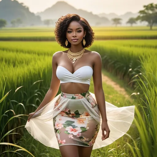 Prompt: ebony girl,bestquality,masterpiece,realistic,highres,absurdres,Photographic,realistic,transparentskirt,floralskirt,transparentfloraldress,outdoorbackground,bokeh,BIGBOOBS,naturallight,brightlight,ricefieldbackground,goldjewelry,
