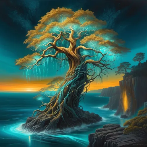 Prompt: "The Ascension of the Bioluminescent Tree"
Imagine a towering ancient tree growing on the edge of a vast cliff overlooking an endless, shimmering ocean under a twilight sky. The tree has a glowing bioluminescent bark, emitting soft golden and teal light, as if pulsing with life. Its leaves are translucent and veined with iridescent colors, resembling the wings of a dragonfly, catching and refracting the dim sunlight.

At its base, a network of glowing roots sprawls into the cliffside, some hanging freely like threads of light. Small, floating creatures—half-butterfly, half-hummingbird—hover around it, their wings emitting a soft hum. The sky above the tree is a blend of rich purples, blues, and fiery oranges, with distant nebula-like formations swirling faintly.

In the background, waterfalls pour down from unseen heights into the ocean below, forming misty rainbows that surround the base of the tree. From the ocean's surface, ghostly shapes of leviathan-like sea creatures can be faintly seen, as if bowing to the radiant tree above them.

This imagery conveys a sense of wonder, mysticism, and the grandeur of nature, making it a compelling choice for collectors and art enthusiasts looking for something truly unique.