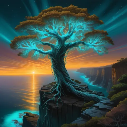 Prompt: "The Ascension of the Bioluminescent Tree"
Imagine a towering ancient tree growing on the edge of a vast cliff overlooking an endless, shimmering ocean under a twilight sky. The tree has a glowing bioluminescent bark, emitting soft golden and teal light, as if pulsing with life. Its leaves are translucent and veined with iridescent colors, resembling the wings of a dragonfly, catching and refracting the dim sunlight.

At its base, a network of glowing roots sprawls into the cliffside, some hanging freely like threads of light. Small, floating creatures—half-butterfly, half-hummingbird—hover around it, their wings emitting a soft hum. The sky above the tree is a blend of rich purples, blues, and fiery oranges, with distant nebula-like formations swirling faintly.

In the background, waterfalls pour down from unseen heights into the ocean below, forming misty rainbows that surround the base of the tree. From the ocean's surface, ghostly shapes of leviathan-like sea creatures can be faintly seen, as if bowing to the radiant tree above them.

This imagery conveys a sense of wonder, mysticism, and the grandeur of nature, making it a compelling choice for collectors and art enthusiasts looking for something truly unique.