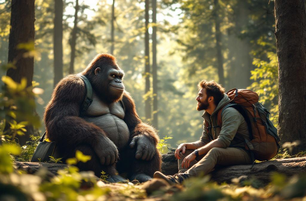 Prompt: Freundlicher King Kong 8 m hoch trifft in eine europäische Wald eine Wanderer. Sie sitzen auf einer Lichtung und philosophieren über Solar Punk. Kong hat eine Laptop Tasche umhängen. Er lächelt und interessiert 