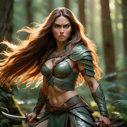 Prompt: (Mία πολεμίστρια αμαζόνα), fierce warrior woman, (powerful posture), intricate armor details, flowing long hair, dynamic action pose, lush forest background, sunlight filtering through trees, deep green and earthy tones, heroic atmosphere, cinematic quality, ultra-detailed rendering, strong emotional intensity, evoking bravery and strength.