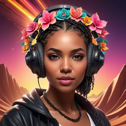 Prompt: (desert rose crown), (black female DJ), vibrant, dynamic atmosphere, high energy and creativity, colorful music waves surrounding, intricate details on the headset, confident expression, stylish outfit, soft warm lighting illuminating the scene, energetic vibe of mixing music, detailed background with music elements, ultra-detailed, high quality.