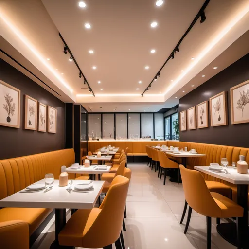 Prompt: A beautifully designed restaurant interior, minimalist decor, soft lighting, vibrant dining activity; professional style, DSLR camera, wide-angle lens, subtle post-processing.