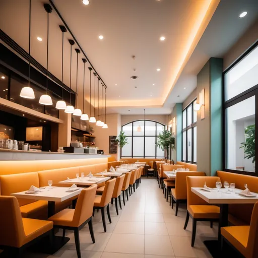 Prompt: A beautifully designed restaurant interior, minimalist decor, soft lighting, vibrant dining activity; professional style, DSLR camera, wide-angle lens, subtle post-processing.