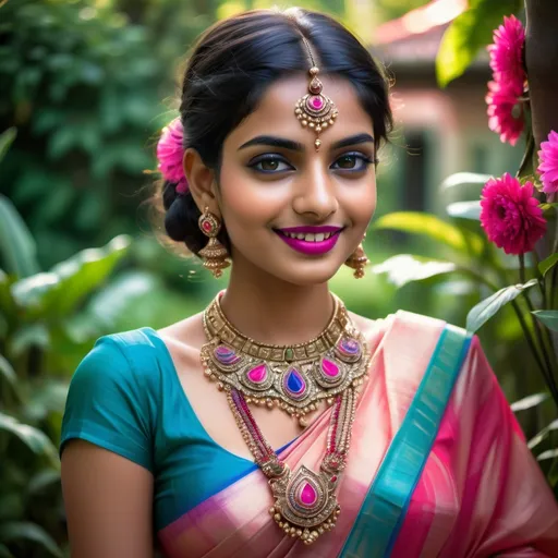Prompt: Draped in a vibrant sari that elegantly blends shades of pink and blue, the young woman radiates confidence with a soft smile. Her traditional jewelry, including a statement necklace and ornate earrings, accentuates her festive look, while her striking red lipstick and subtle eye makeup highlight her features beautifully. In the background, a lush green garden unfolds, hinting at a serene outdoor setting that adds depth to the composition. The warm, inviting lighting creates a cheerful ambiance, enhancing the rich colors of her attire and the natural elements around her. This moment captures a blend of cultural tradition and youthful charm, reflecting a joyful celebration or occasion.
