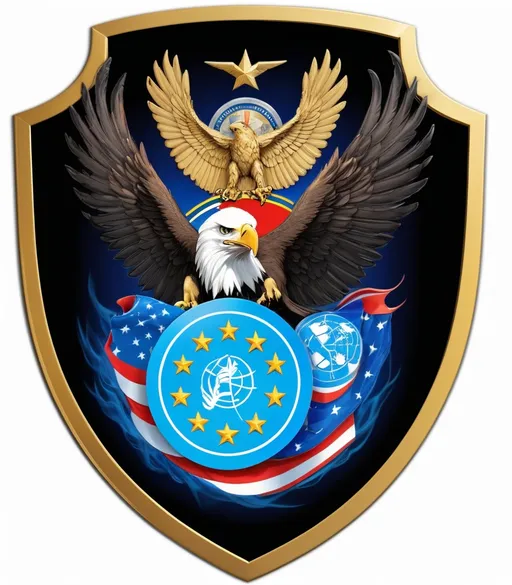 Prompt: 

> "A military-style emblem in the shape of a golden-edged black shield. At the center, a fierce bald eagle with wings spread wide, clutching a circular UN insignia surrounded by multiple international flags. Behind the eagle, a dramatic glowing blue flame and a red-white ribbon wave in the background. At the top, three military insignias representing the army, navy, and air force. Bold golden text in the center reads 'KONTINGEN GARUDA'. At the bottom of the shield, a banner says 'MILSTAFF SECEAST 2024–2025'. The design is detailed, patriotic, and powerful

