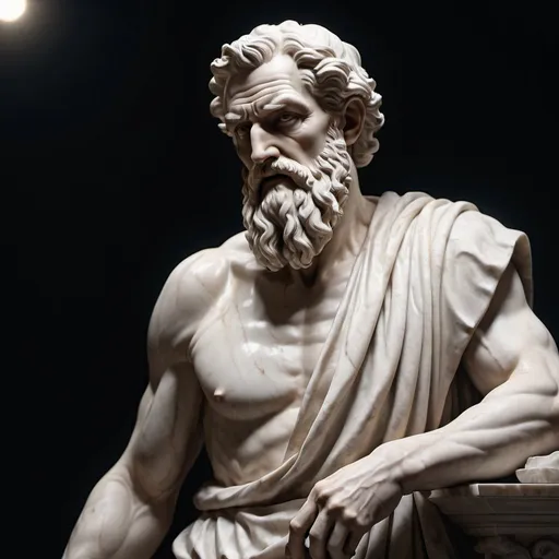 Prompt: Cinematic 8K hyper-realistic, stoic marble statue of Epictetus, black background, Greek mythology, colossal, illuminated by radiant light, ultra detailed, is characterized by its imposing presence. full of nature background