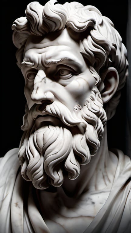 Prompt: Cinematic 8K hyper-realistic, caved in marble stoic, Epicteto, ancient philosopher, detailed facial features, marble sculpture, high quality, hyper-realistic, ancient, stoic expression, intricate carved details, dramatic lighting, classical, detailed beard, traditional, marble texture, historical, philosophical, cinematic, iconic pose, realistic shadows, ancient Greek, monumental, grayscale tones, atmospheric lighting