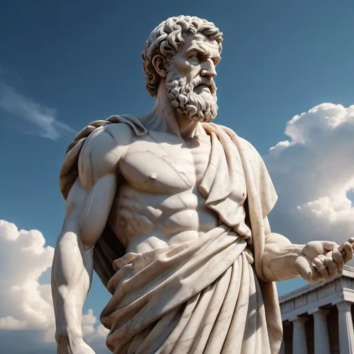 Prompt: stoic marble statue of Epictetus, colossal, Greek mythology, cinematic, imposing presence, nature, mysterious, dramatic lighting, professional sculpting, 8K, hyper-realistic, ultra-detailed, ancient, majestic, radiant light, sky background, professional, detailed features, dramatic, imposing, highres